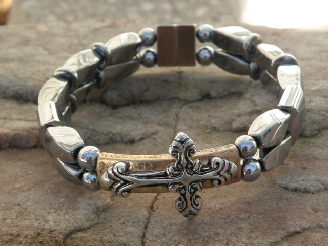 Silver Copper Therapy Magnetic Hematite Bracelet Anklet Cross Slider Men Women