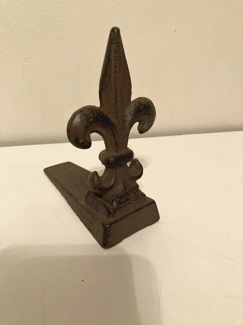 Cast Iron Fleur De Lis Vtg Door Stop Stopper Wedge Rustic Victorian Style Brown