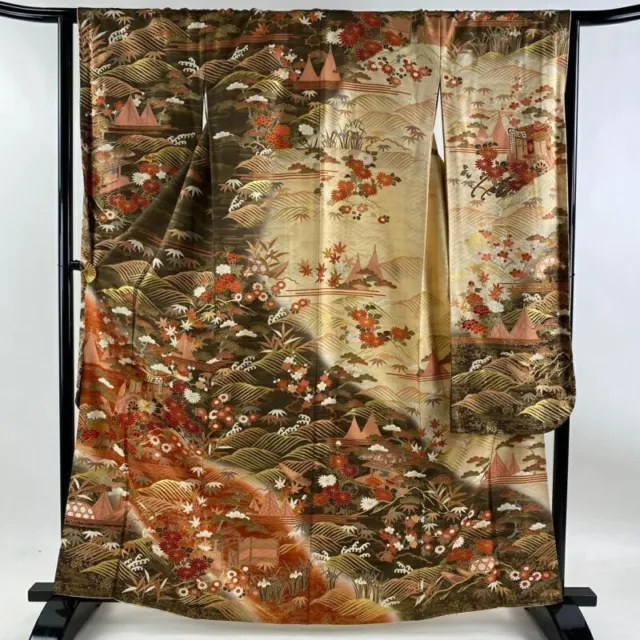 Japanese Kimono Furisode Pure Silk An Ox Drawn Coach Shoutikubai Vermilion Red