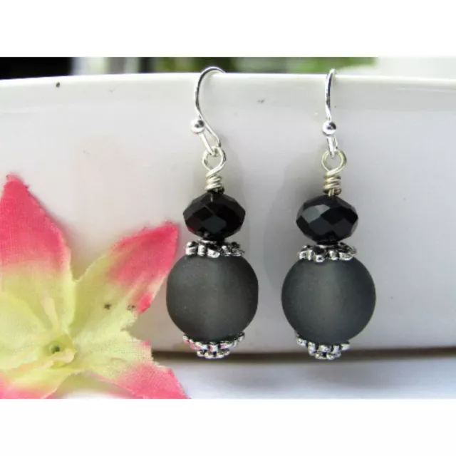 Black Sea Glass Silver Dangle Earrings-Beach Dangles-Gift For Beach Lover