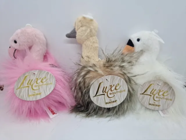 BNWT Aurora Luxe Boutique Key Clip x 3 Swan Flamingo Ostrich Plush Soft