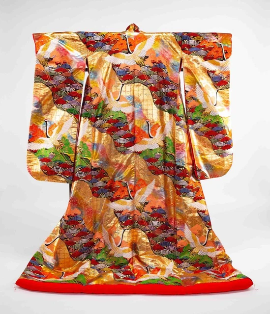 Japanese used Iro uchikake KIMONO Pure Silk bridal dress crane B
