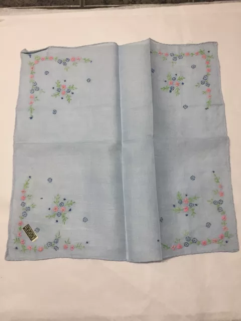 Vtg Linen Handkerchief Hankie Blue Embroidered Floral Corners 11”Org Sticker