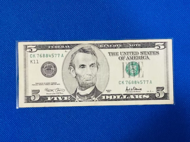 Series 2001 $5 Federal Reserve Note White Small Face Rare Bill