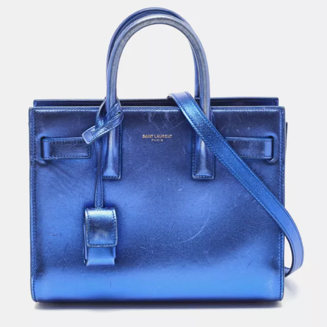 Saint Laurent Metallic Blue Leather Nano Classic Sac De Jour Tote