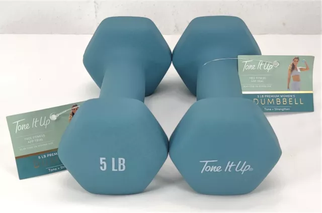 Set of two 5lb Hand Weights Neoprene Hex dumbbell Blue Tone It Up Fitness pair