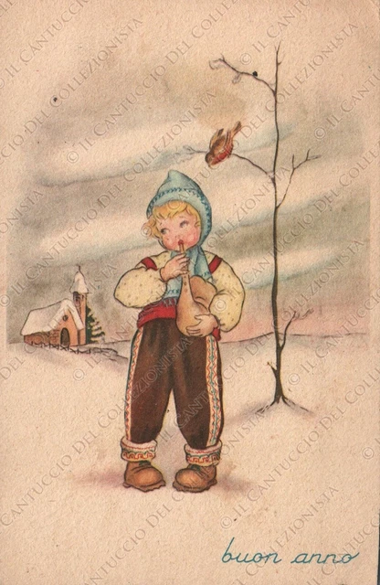 1949 Buon Anno Bambino suona sulla neve panorama innevato Cartolina
