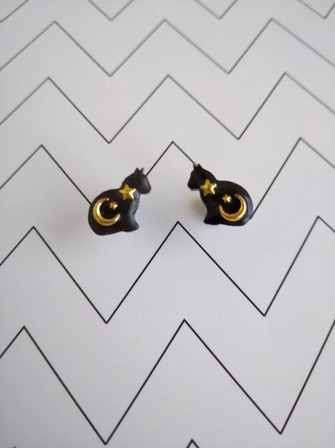 ✰☽ Handmade Cute Gothic Black Cat Gold Moon & Stars Stud Earrings Jewellery ☾✰