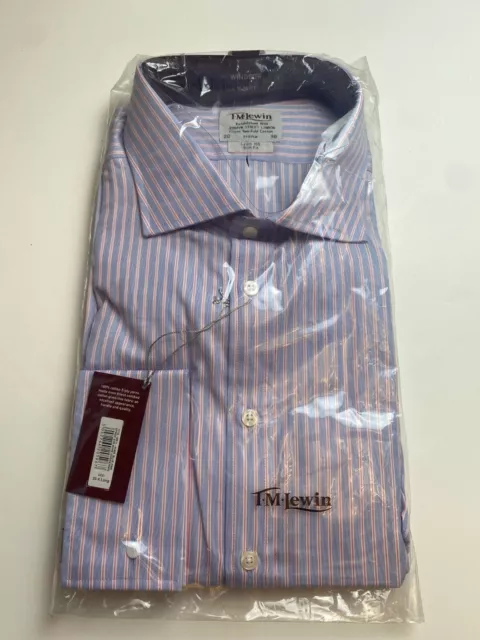 T.M. Camicia Lewin blu a righe check 20"" - 38"" vestibilità regolare doppio polsino NUOVA