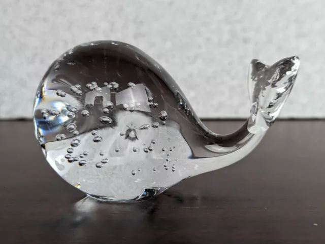 Glass Whale Paperweight Clear Bubbles Nautical Tail Raise