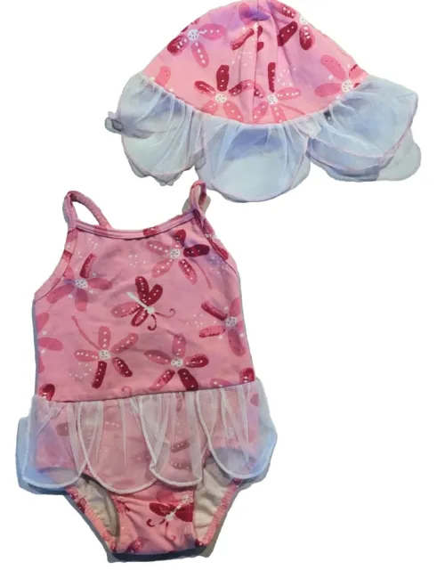 NWT Sweet Potatoes Baby Girl Pink One-Piece Tutu Swimsuit & Sun Hat, 24 mos