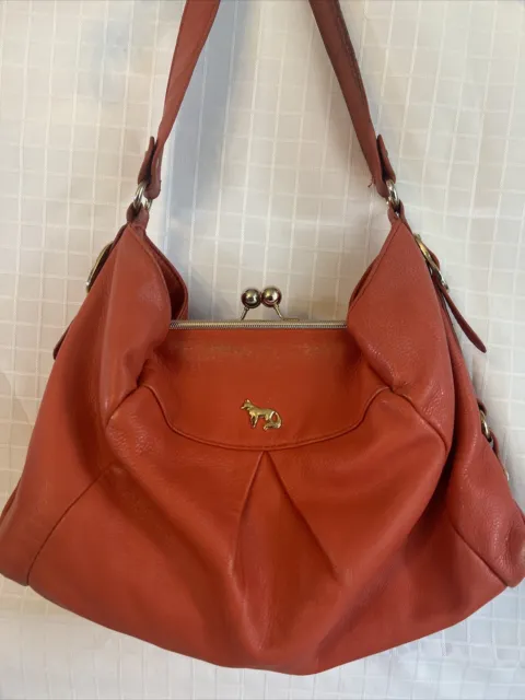Emma Fox Kiss Clasp  Leather Satchel Large Handbag Orange Preowned