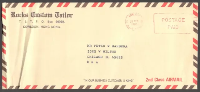 AOP Hong Kong 1985 red Postage Paid hs on cover to USA