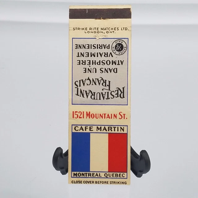 Cafe Martin Montreal Quebec Restaurant Francais Vintage Matchbook Cover