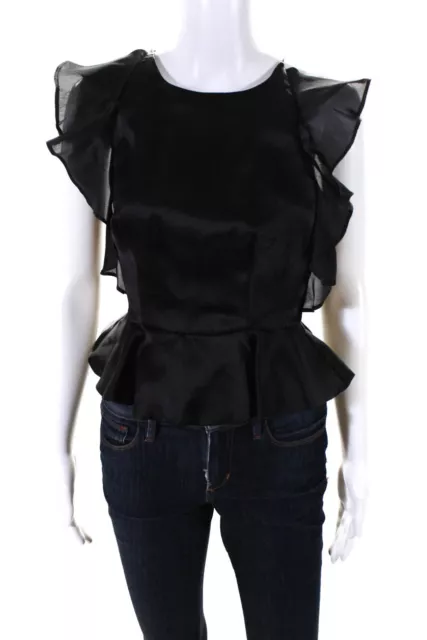 Keepsake Womens Silk Peplum Ruffled Cap Sleeve Zip Back Blouse Top Black Size XS
