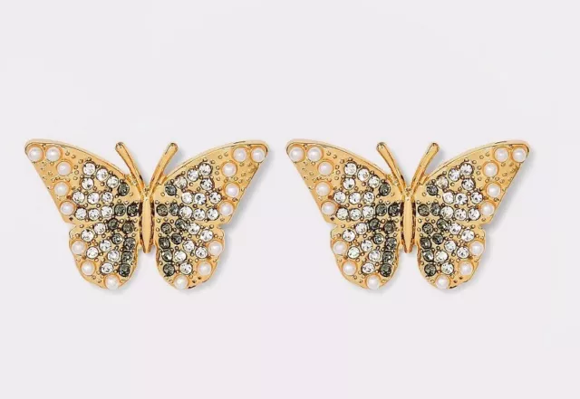 NEW! SUGARFIX by BaubleBar Crystal Wings Butterfly Stud Earrings Gold Tone 