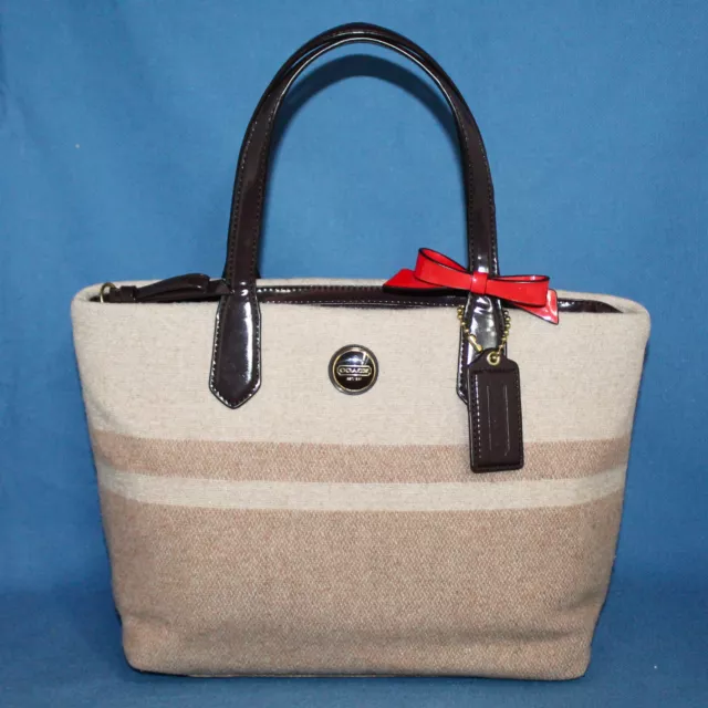 COACH Wool Blend Signature Stripe Tote F24786 Two Tone Tan w/ Brown Patent Trim