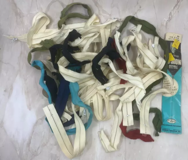Lot Of 29 Vintage Nylon Zippers TALON plus 1 Metal CONMAR Various Sizes Colors