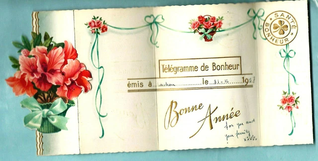 1957 Vintage Happy New Year French Card Telegram Telegramme Pink Red Lily Flower