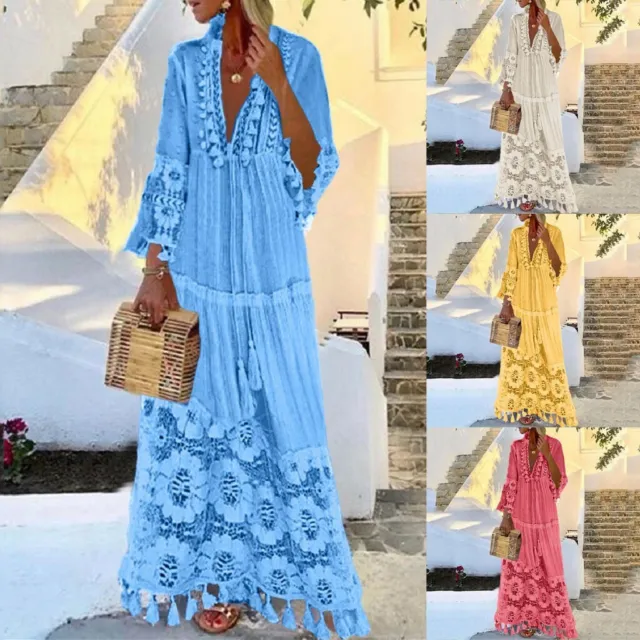 Womens Casual Bohemian Large Size V-Neck Solid Color Lace Tassel Long Dress US