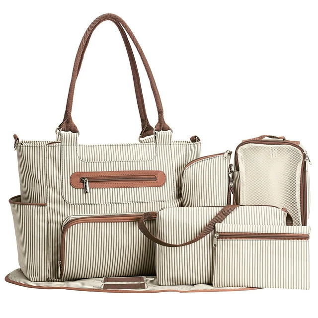 Large Diaper Bag set Bassinet Central Station, 7 pcs Tote, Striped for Mom/Dad