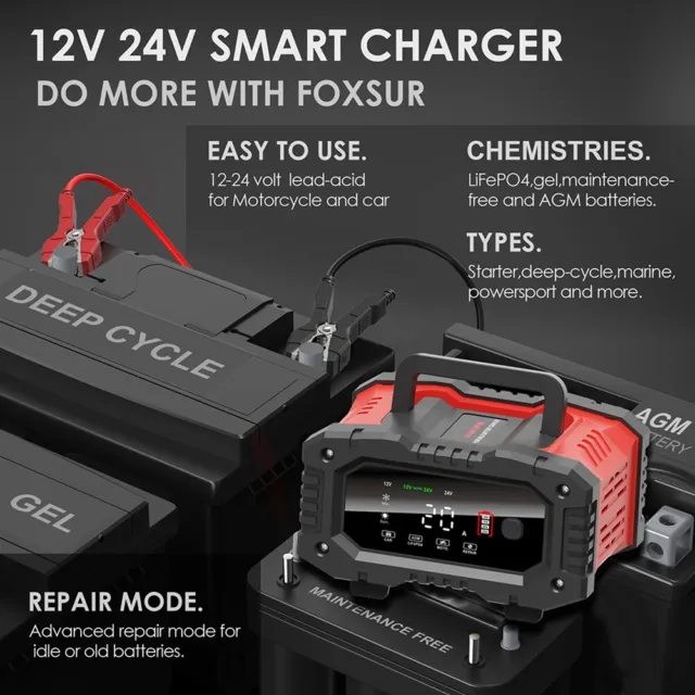12V/24V 8/12 A Rapide Intelligent Chargeur Batterie Pour Véhicule Voiture  Auto