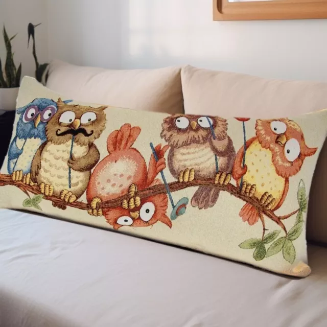 14"x35" Owls on Branch Tapestry Pillow Cover Owl Birds Long Sofa Couch Pillow