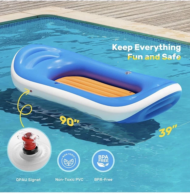 LARGE INFLATABLE BLUE Orange Pool Float Lounger + Cup Holder ( 230 x