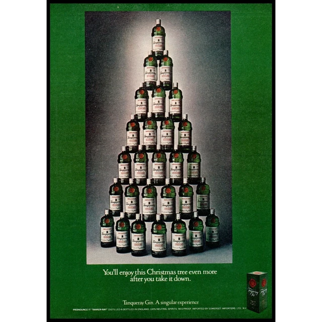 1978 Tanqueray Gin Bottle Christmas Tree Vintage Print Ad Wall Art Photo