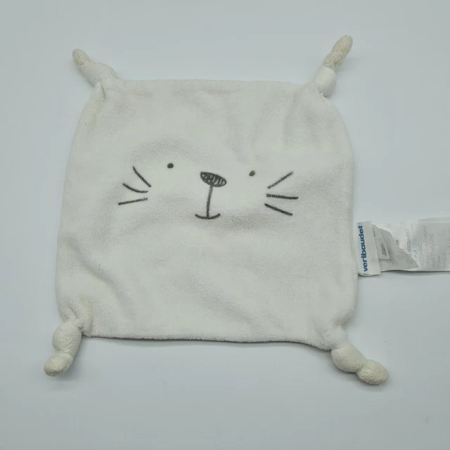 12 - Doudou Plat Mouchoir Blanc Chat Lapin Moustaches Noeud Gris Vertbaudet