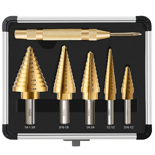 Step Drill Bit Set, 6 Pcs Titanium High Speed Steel Unibit Drill Bits, Stepped u