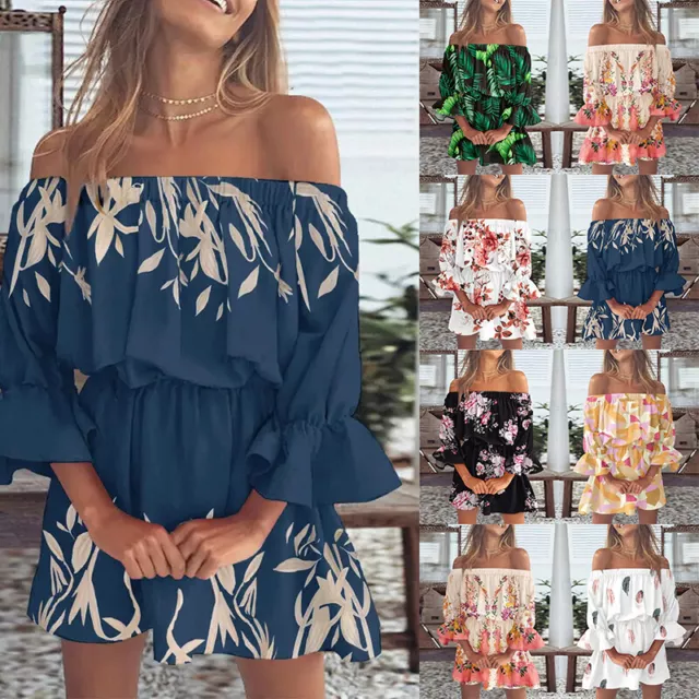 Boho Lady Holiday Abito Estivo Con Top Bardot Con Spalle Scoperte Mini Abito ^