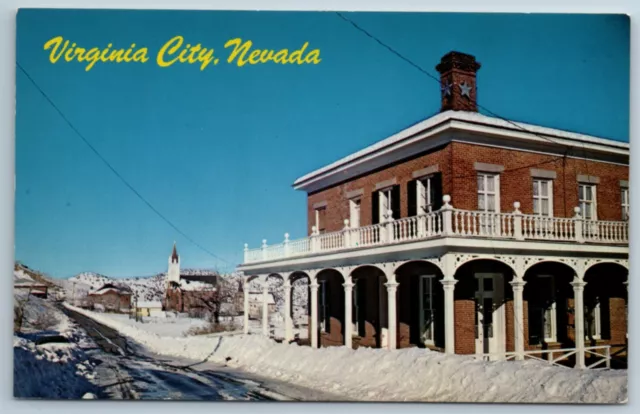 Winter Street Scene Snow Chollar Mansion Virginia City Nevada NV Chrome Postcard