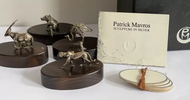 Vintage Patrick Mavros Silver Animal Place Card Holder On Blackwood - Set Of 4