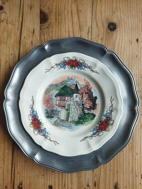 Assiette alsacienne Obernai Sarreguemines étain et faïence 27 cm