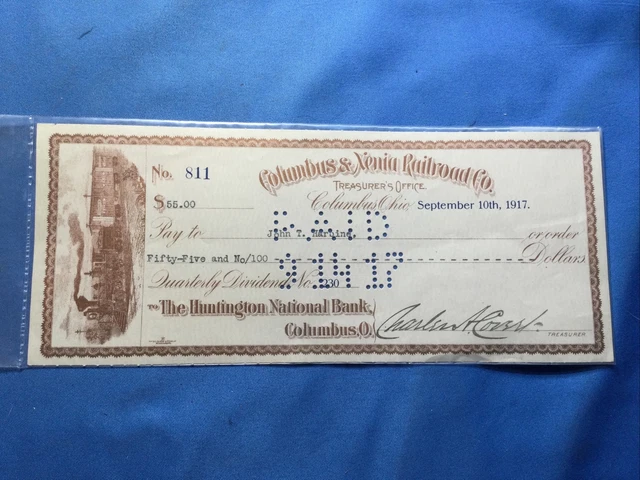 1917 Columbus & Xenia Railroad Co Check Huntington National Bank Columbus