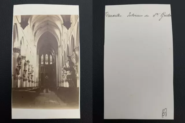 Belgique, Bruxelles, intérieur de Sainte Gudule Vintage albumen carte de visite,