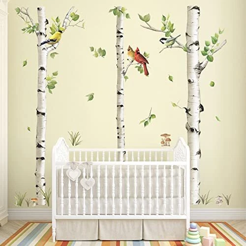 Large Birch Tree Wall Decals White Tree Forest Birds Wall Stickers Bedroom