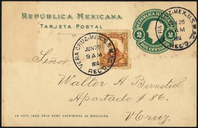 MEXICO 246 LETTER, 1914, 5 C. Brown Yellow to 2 C. Green Whole Item Card Americanisc