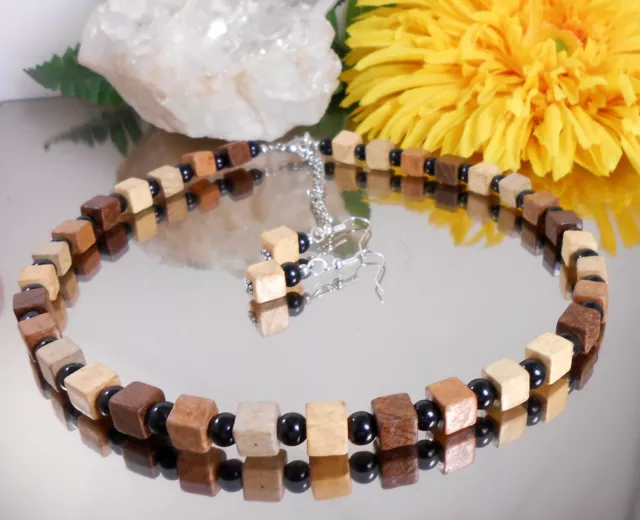 2er Set Collier + Ohrringe HOLZ Würfell in Beige Braun Tönen Glas Perlen schwarz