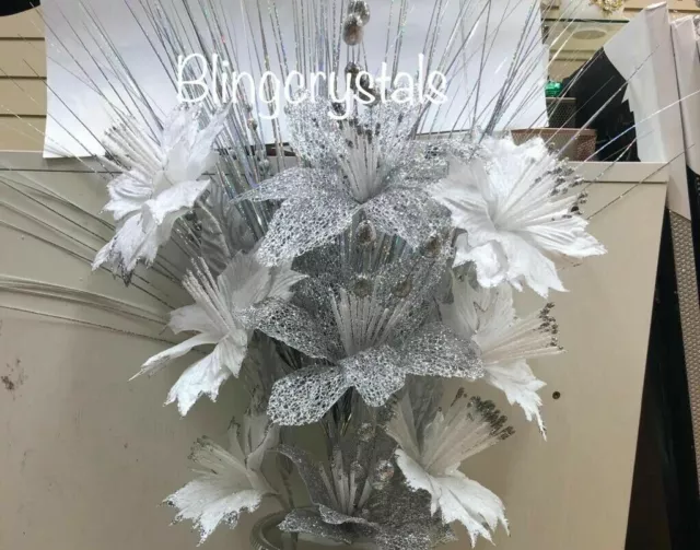 Artificial Bunch Of Flowers Silver White Romany Bling For Vase Best Home Decor