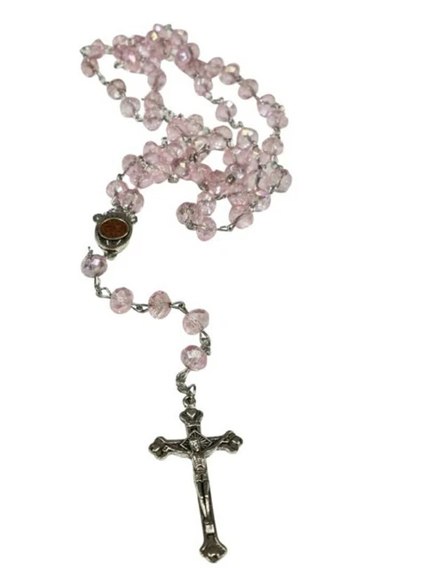 Pink Crystal Beads Rosary Necklace Catholic Holy Soil Center Cross Crucifix