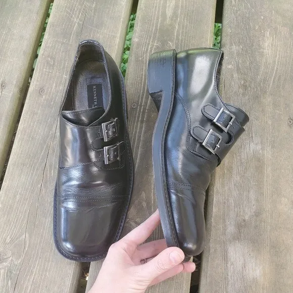 Vintage 90s y2k Grunge Black Leather Double Monk Strap Square Cap Toe Oxfords 8