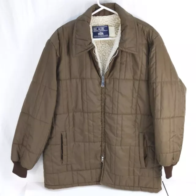 Vintage John Blair Quilted Puffer Jacket Men Large Brown Shearling 70s Zip Up