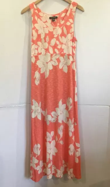 TOMMY BAHAMA Coral Orange Knit Floral MAXI DRESS Lined Skirt Empire Waist M