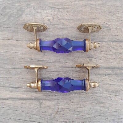 2pcs VTG Victorian brass n glass cobalt blue church art decor door drawer handle