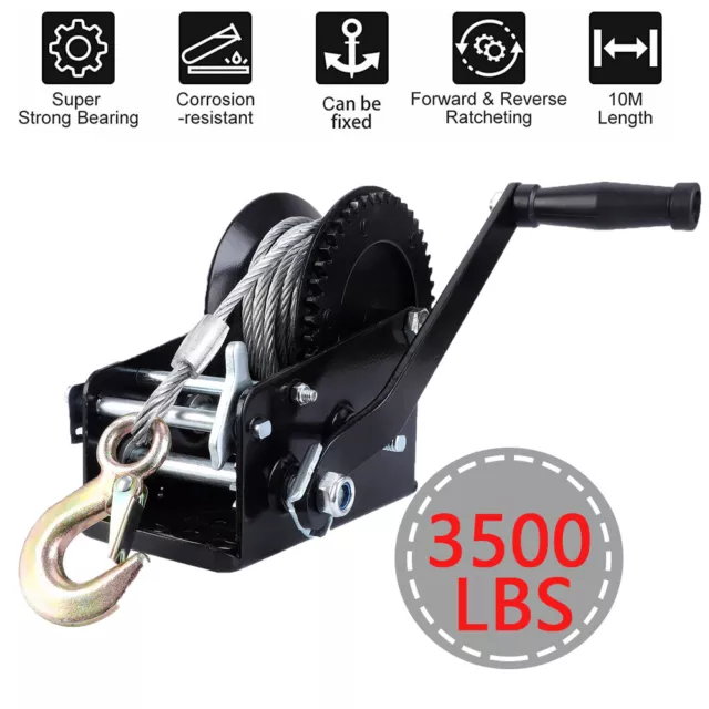 3500lbs Dual Gear Hand Winch Hand Crank Manual Boat ATV RV Trailer 33ft Cable