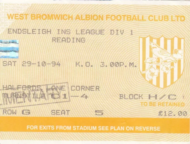 Ticket - West Bromwich Albion v Reading 29.10.94