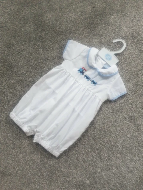 Baby Boys Traditional Spanish Romper Outfit Embroidered Trains white collar