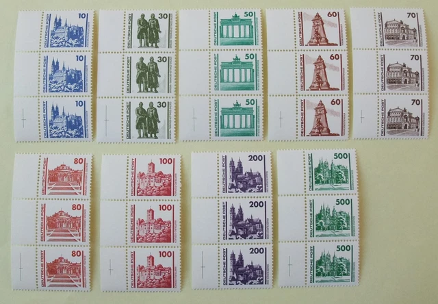 DDR 1990 Randstreifen 3 Sätze Mi 3344-3352 Bauwerke Denkmäler postfrisch**